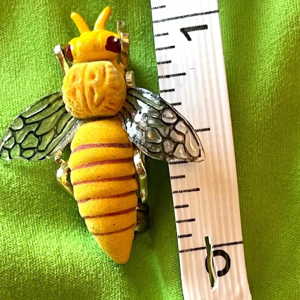 Vintage Carved Enameled Bee Brooch Signed Korea Yellow Honeybee Pin Cottagecore
